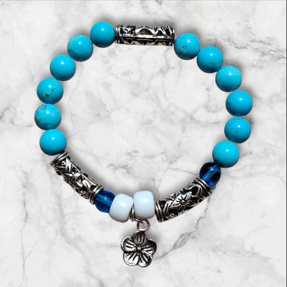 New Silver, Blue And White Floral Bracelet‎